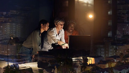 Image showing Computer, pointing and night team manager, mentor or CEO review trading portfolio for startup investment company. City overlay of New Orleans, diversity women and collaboration on bitcoin NFT data