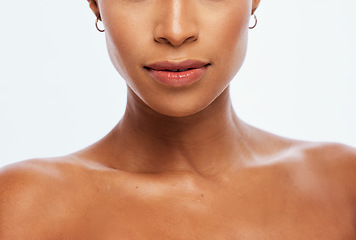Image showing Skincare, glow and shoulders of a woman with beauty isolated on a white background in a studio. Dermatology, wellness and face, body and skin of a cosmetics model glowing with a tan on a backdrop