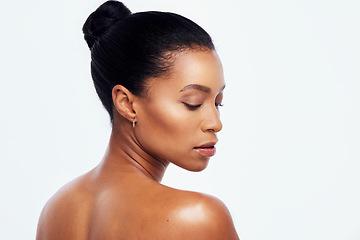 Image showing Beauty, skincare and back of black woman in studio for wellness, healthy body and dermatology. Self care, spa aesthetic and girl profile with cosmetics, glowing and natural skin on white background