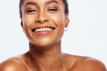 Image showing Portrait, beauty and teeth with a model black woman in studio isolated on a white background for oral hygiene. Face, skincare and dental with an attractive young female posing on blank space