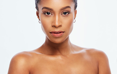Image showing Woman, face and beauty isolated on a white background for makeup, cosmetics or facial treatment. Portrait of beautiful female in skincare with cosmetic lips or perfect skin for self love or self care