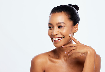 Image showing Beauty, skincare and face of a happy woman in studio for dermatology, cosmetics and natural skin. Aesthetic model person with spa facial and healthy glow space for idea isolated on a white background