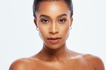 Image showing Black woman, portrait and skincare in studio, white background and isolated mockup. Face of female model, facial beauty and aesthetic makeup for dermatology, natural cosmetics and wellness in Brazil