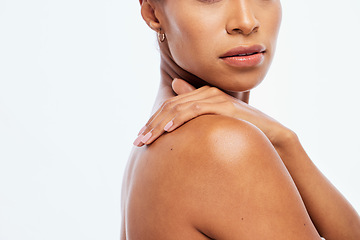 Image showing Woman, hands and shoulder in beauty skincare, cosmetics or moisturizer isolated on a white background. Hand of female touching skin in self love or self care for soft, smooth or healthy treatment