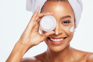 Image showing Woman portrait, beauty and cream container for face in studio for dermatology cosmetic. Aesthetic model person with facial skincare product for healthy and natural glow isolated on a white background