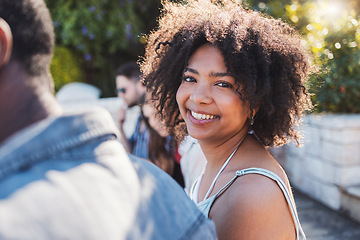 Image showing Happy, smile and portrait of a black woman at a party to relax with friends on a holiday in Miami. Summer, young and face of an African girl on vacation with a group of people for travel together