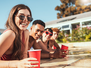 Image showing Happy friends, smile and relaxing in swimming pool for summer vacation, party or holiday break in the outdoors. Portrait of diverse people smiling in happiness for fun sunny day in the water together