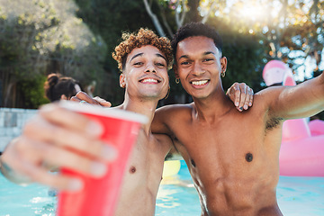 Image showing Selfie, portrait and friends at a pool party with drinks for celebration, relax and holiday in Miami. Summer, smile and happy men in the water with a photo during a social event with alcohol