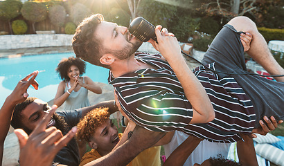 Image showing Microphone, singing and crowd surfing with a man performer at a party outdoor during summer. Concert, energy and audience with a male singer being carried by a group of people at a performance event