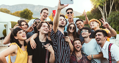 Image showing party, selfie and group of people or friends on social media, summer and gen z lifestyle at outdoor celebration. Young women, youth or influencer with mic for karaoke profile picture on crazy holiday