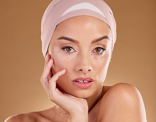 Image showing Portrait, woman with face and skincare, vitiligo and natural cosmetics with skin wellness isolated on studio background. Body positivity, cosmetic glow and self love, inclusivity and genetic disorder