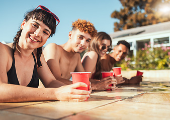 Image showing Friends, smile and relax in swimming pool for summer vacation, party or holiday break in the outdoors. Portrait of happy diverse people smiling in happiness for fun sunny day in the water together