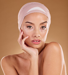 Image showing Beauty portrait, woman face with vitiligo and skincare, natural cosmetics and skin wellness isolated on studio background. Body positivity, cosmetic glow and self love, inclusive and genetic disorder