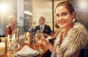 Image showing Portrait, senior woman and champagne, event and celebration for achievement, dinner gala and smile. Mature female, happy elderly lady and party with alcohol, elegant and glamour with stylish outfit