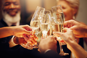 Image showing Success, people and dinner with toast, champagne and elegant team, party and celebration together. Friends, closeup and cheers for achievement, wine glasses and fine dining at gala event and luxury