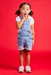 Image showing Surprise, wow face and portrait of girl on red background for with omg, comic and shock facial expression. Kids fashion, mockup and cute girl in studio for promotion, sale and discount announcement
