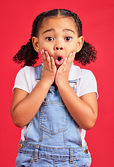 Image showing Wow, surprise face and portrait of girl on red background for with omg, comic and shock facial expression. Kids fashion, mockup and cute girl in studio for promotion, sale and discount announcement