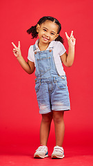 Image showing Happy, peace sign and smile with portrait of girl for summer, happiness and funny face. Meme, fashion and cute with child and hand gesture for youth, comedy and positive in red background studio