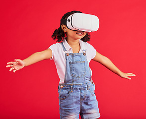 Image showing Gaming, virtual reality and metaverse with girl and glasses for digital transformation, video games and innovation. Happy, wow and augmented reality with child and vr headset for wow, future and 3d