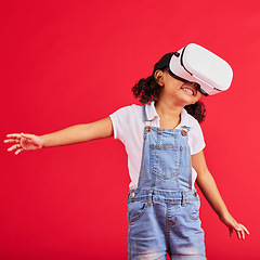 Image showing Gaming, virtual reality and metaverse with girl and glasses for digital transformation, video games and innovation. Happy, wow and augmented reality with child and vr headset for wow, future and 3d