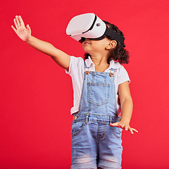 Image showing Gaming, virtual reality and wow with girl and glasses for digital transformation, video games and innovation. Happy, cyber and augmented reality with child and vr headset for technology, future or 3d