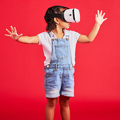 Image showing Gaming, virtual reality and metaverse with girl and glasses for digital transformation, wow and innovation. Happy, cyber and augmented reality with child and vr headset for technology, future or 3d