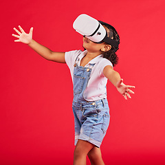 Image showing Gaming, virtual reality and metaverse with girl and glasses for digital transformation, wow and innovation. Happy, cyber and augmented reality with child and vr headset for technology, future or 3d