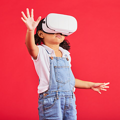 Image showing Gaming, virtual reality and metaverse with girl and glasses for digital transformation, wow and innovation. Happy, cyber and augmented reality with child and vr headset for technology, future or 3d