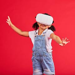 Image showing Gaming, virtual reality and wow with girl and glasses for digital transformation, video games and innovation. Happy, cyber and augmented reality with child and vr headset for technology, future or 3d