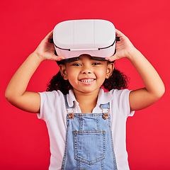 Image showing Portrait, virtual reality or headset for children metaverse, 3d esports games or futuristic cyber gaming on red background. Smile, happy or playful kid and vr gamer technology for digital fantasy fun