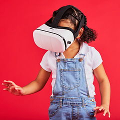 Image showing Gaming, virtual reality and metaverse with girl and glasses for digital transformation, wow and innovation. Search, cyber and augmented reality with child and vr headset for technology, future or 3d