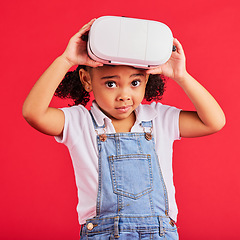 Image showing Portrait, virtual reality and metaverse for thinking child, 3d esports games or futuristic cyber gaming on red background. Vr headset, digital and technology for gamer, confused kid or wondering girl