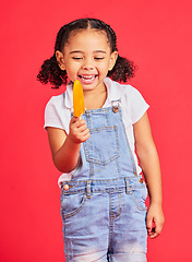 Image showing Kid, laughing and ice cream on isolated red background with fashion, cool or trendy clothes for summer holiday, break or vacation. Happy, child or girl with lolly, cold sweet and food for heat relief