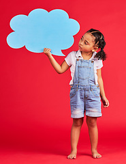 Image showing Child, talking or speech bubble for ideas, opinion or vote on isolated red background for social media, vision or news. Thinking, kid or girl with banner, paper or cardboard poster for speaker mockup