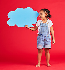 Image showing Kid, talking or speech bubble and ideas, opinion or vote on isolated red background in social media, child vision or news. Smile, happy or girl and banner, paper or cardboard poster in speaker mockup