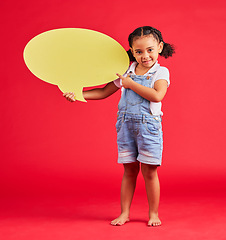 Image showing Child portrait, pointing or speech bubble in ideas, opinion or vote on isolated red background in social media or news. Smile, happy or kid showing banner, paper or cardboard poster in speaker mockup