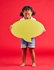 Image showing Surprised, child or speech bubble for ideas, opinion or vote on isolated red background in social media or wow news. Shocked, girl or kid showing banner, paper or cardboard poster in speaker mockup