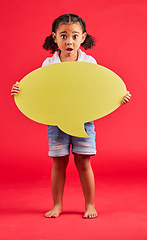 Image showing Shocked, kid or portrait of speech bubble ideas, opinion or vote on isolated red background in social media or wow news. Surprised, girl or child and banner paper, cardboard poster or speaker mockup