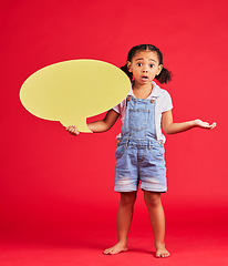 Image showing Confused, kid or portrait of speech bubble ideas, opinion or vote doubt on isolated red background in social media anxiety. Question, girl or child and banner paper, mock up poster or mistake review