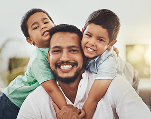 Image showing Family, portrait and children hug father with smile, happiness outdoor with summer and holiday, love and childhood. Happy, man and boys with face, bonding and comfort with care and trust in parenting