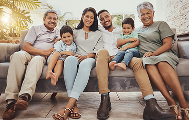 Image showing Family, generations and grandparents with parents and children in portrait at home, love and relationship. Happiness, relax outdoor with support, bond and trust, care and happy people with smile