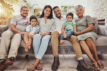 Image showing Big family, generations and grandparents with parents and children in portrait at home, love and relationship. Happiness, relax outdoor with support, bond and trust, care and happy people with smile