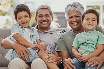 Image showing Family, grandparents and children are happy in portrait, love and care with relationship, bond and together. Retirement, wellness and happiness, elderly people and kids with smile and relax at home