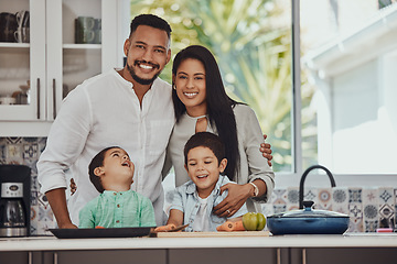 Image showing Cooking, happy and portrait of family in kitchen for health, nutrition and diet wellness. Smile, bonding and food with parents and children at home with vegetables for learning, growth and help