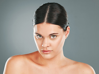 Image showing Woman face, skincare and portrait in studio for beauty, wellness and facial cosmetics. Young female model, headshot and aesthetic dermatology, healthy shine and natural glow from body salon results