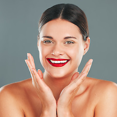 Image showing Woman lips with lipstick, face with smile, makeup with red cosmetics and beauty isolated on studio background. Portrait, happy and skincare with cosmetic care, wellness and facial with healthy skin