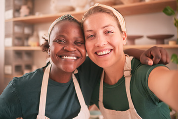 Image showing Pottery, diversity and selfie of women for small business, artistic startup and creative workshop. Collaboration, teamwork and females happy for success in ceramics, clay sculpture and artwork store