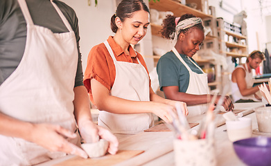 Image showing Pottery class, group workshop or women design sculpture mold, clay manufacturing or art product. Diversity, ceramic retail store and startup small business owner, artist or people working in studio