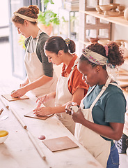 Image showing Pottery art and creative people row in workshop sculpting together for production process and productivity. Focus, concentration and skill of interracial team of women busy at workspace.