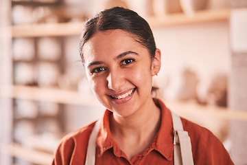 Image showing Pottery, small business and portrait of a woman in a workshop for handicraft, creative and clay products. Artist, sculpture and female potter entrepreneur standing in her creativity or ceramic store.